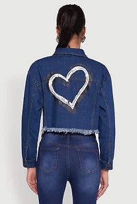 Womens Heart Graffiti Graphic Frayed Jean Jacket, Blue, Size L