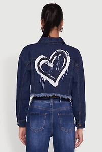 Womens Heart Graffiti Graphic Frayed Jean Jacket, Blue,