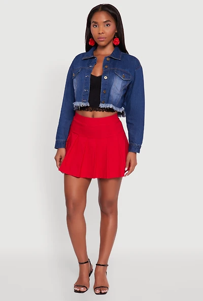 Womens XO Back Graphic Frayed Hem Cropped Denim Jacket, Blue,