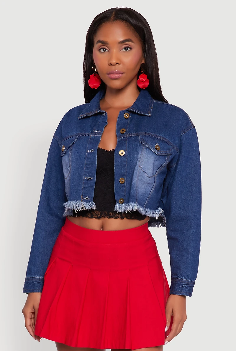 Womens XO Back Graphic Frayed Hem Cropped Denim Jacket, Blue,