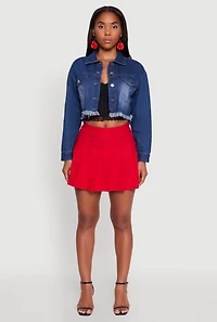 Womens XO Back Graphic Frayed Hem Cropped Denim Jacket, Blue,