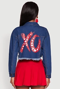 Womens XO Back Graphic Frayed Hem Cropped Denim Jacket, Blue,