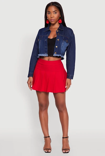 Womens XO Back Graphic Frayed Hem Cropped Denim Jacket, Blue,