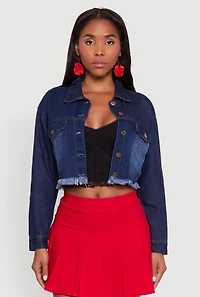 Womens XO Back Graphic Frayed Hem Cropped Denim Jacket, Blue,