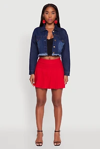 Womens XO Back Graphic Frayed Hem Cropped Denim Jacket, Blue,