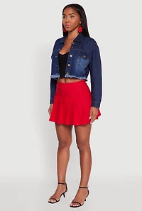 Womens XO Back Graphic Frayed Hem Cropped Denim Jacket, Blue, Size S