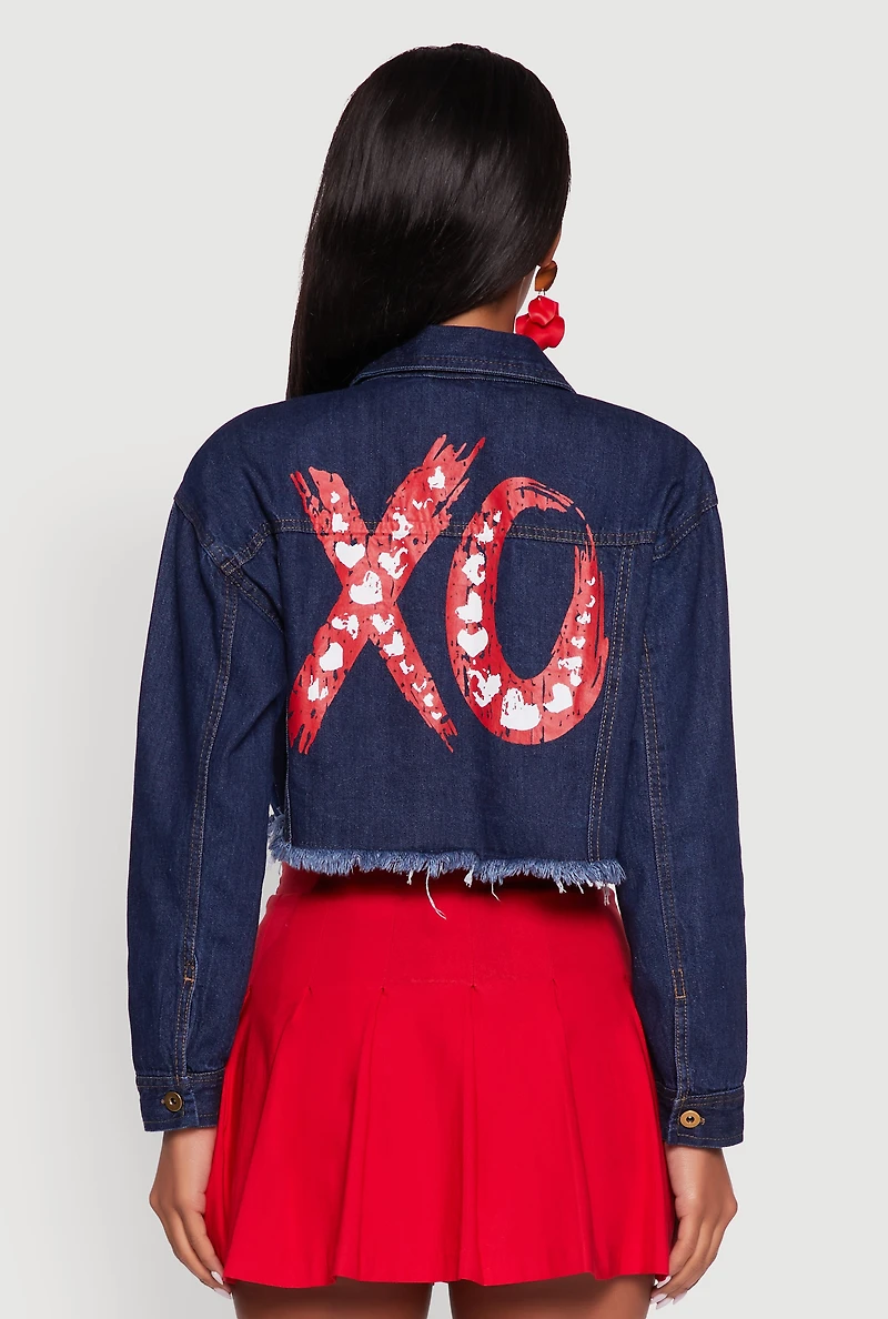 Womens XO Back Graphic Frayed Hem Cropped Denim Jacket, Blue, Size M
