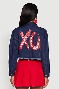Womens XO Back Graphic Frayed Hem Cropped Denim Jacket, Blue, Size M
