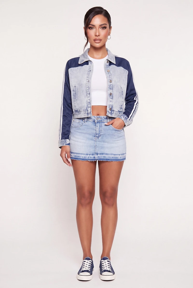 Varsity Side Stripe Mixed Media Denim Jacket