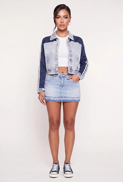 Varsity Side Stripe Mixed Media Denim Jacket