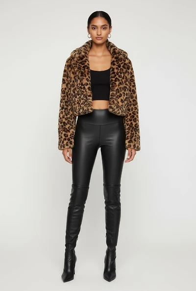 Womens Leopard Print Faux Fur Cropped One Button Jacket, Brown, Size M