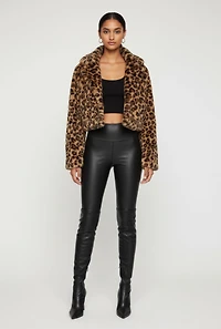 Leopard Print Faux Fur Cropped One Button Jacket