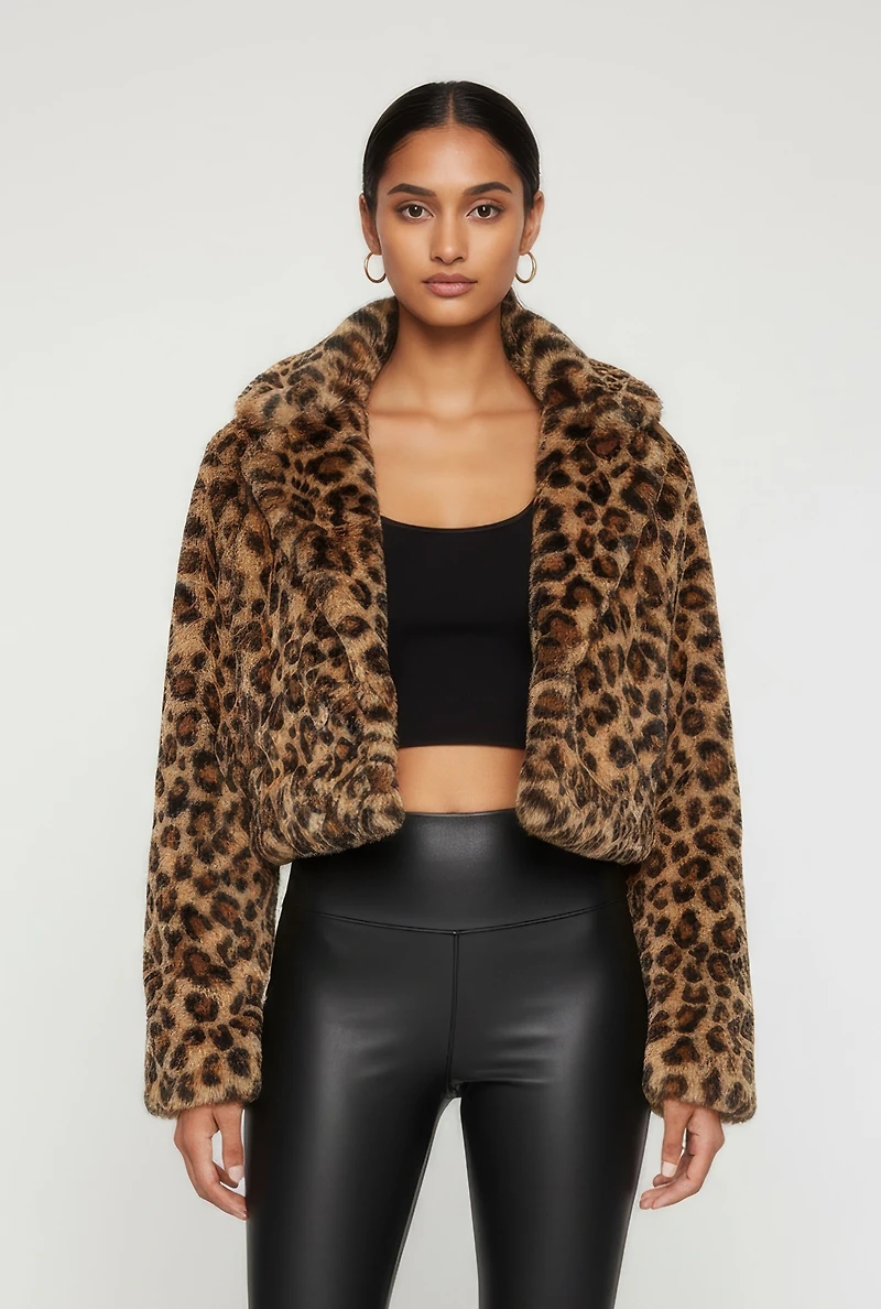 Womens Leopard Print Faux Fur Cropped One Button Jacket, Brown, Size M