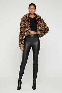 Leopard Print Faux Fur Cropped One Button Jacket
