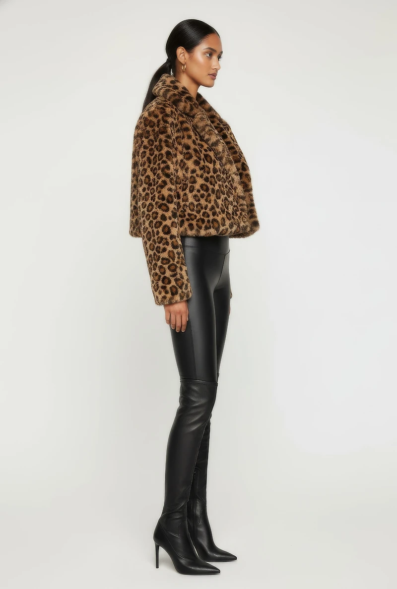 Leopard Print Faux Fur Cropped One Button Jacket