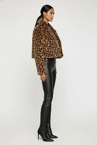 Leopard Print Faux Fur Cropped One Button Jacket
