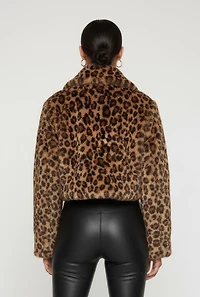 Leopard Print Faux Fur Cropped One Button Jacket