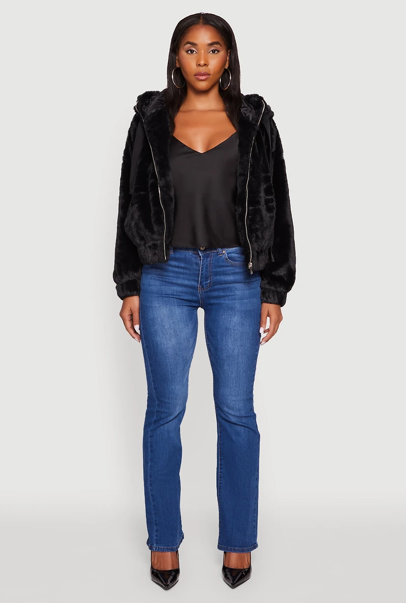 Womens Hooded Faux Fur Bomber Jacket,