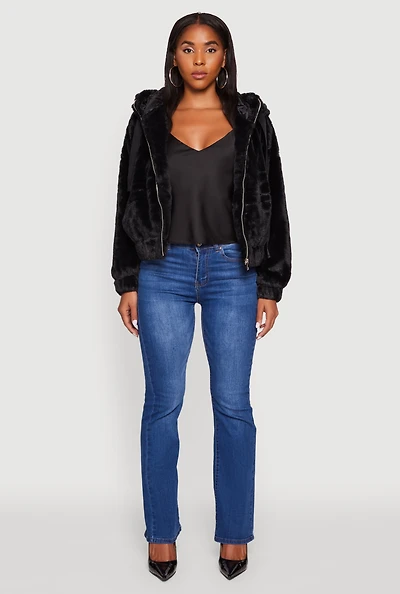 Womens Hooded Faux Fur Bomber Jacket,