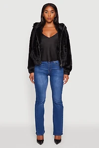 Womens Hooded Faux Fur Bomber Jacket,