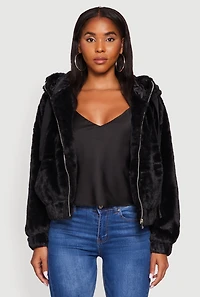 Womens Hooded Faux Fur Bomber Jacket,