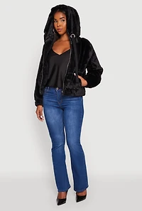 Womens Hooded Faux Fur Bomber Jacket,