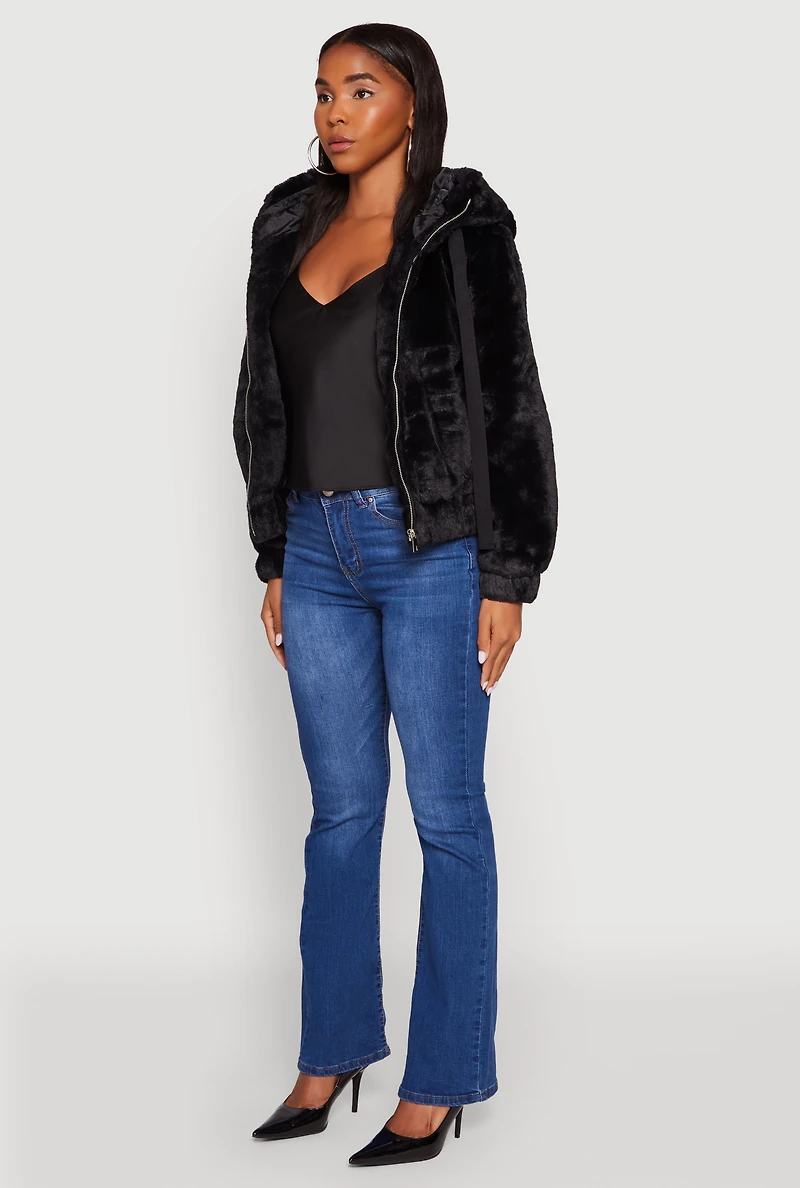 Womens Hooded Faux Fur Bomber Jacket,