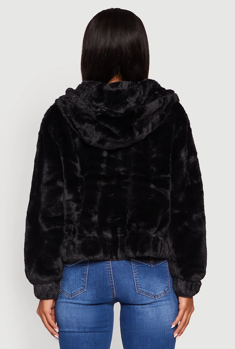 Womens Hooded Faux Fur Bomber Jacket,