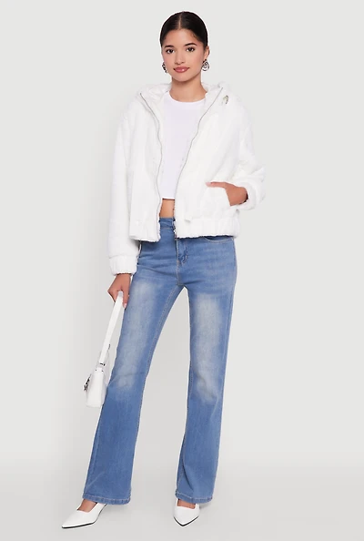 Womens Hooded Faux Fur Bomber Jacket, White, Size L