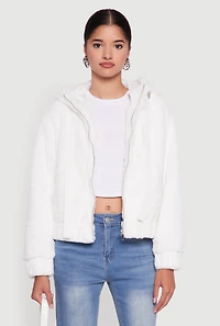 Womens Hooded Faux Fur Bomber Jacket, White, Size L