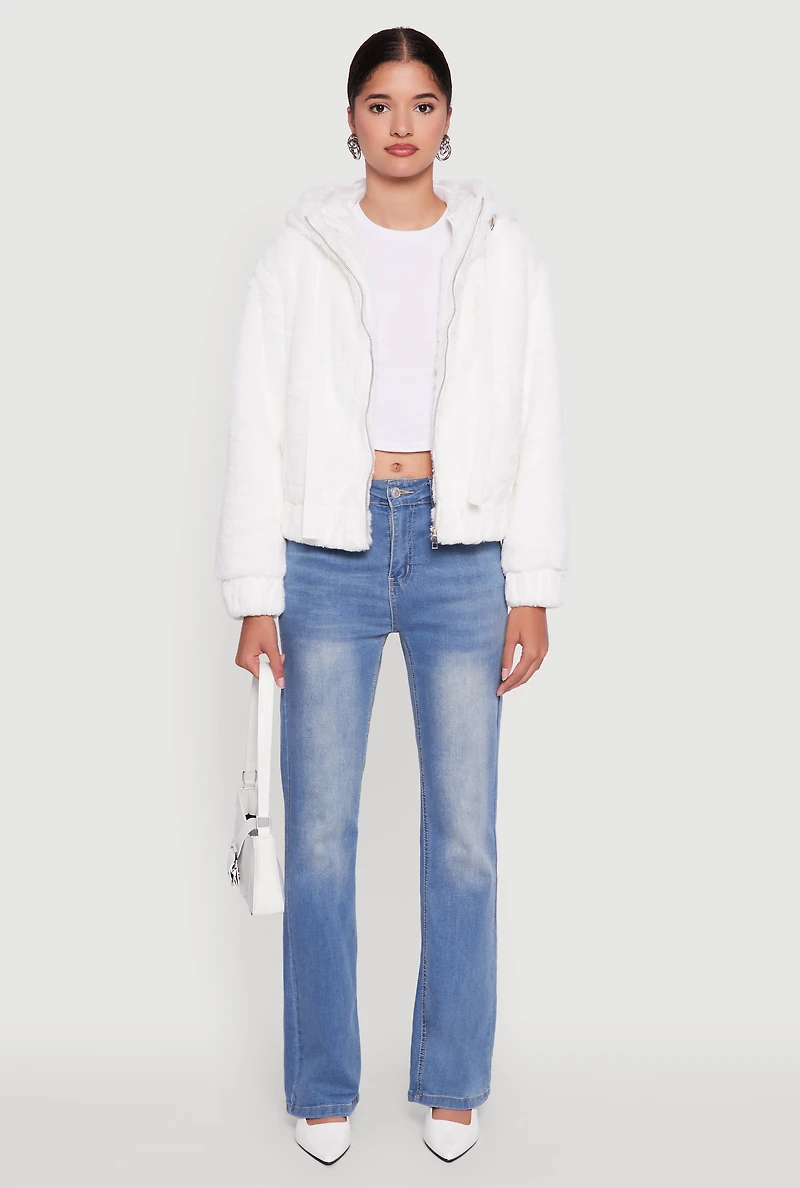 Womens Hooded Faux Fur Bomber Jacket, White, Size L