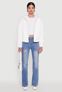 Womens Hooded Faux Fur Bomber Jacket, White, Size L