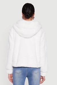 Womens Hooded Faux Fur Bomber Jacket, White, Size L