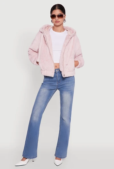 Womens Hooded Faux Fur Bomber Jacket, Pink, Size L