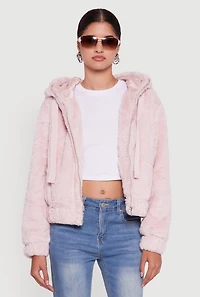 Womens Hooded Faux Fur Bomber Jacket, Pink, Size L