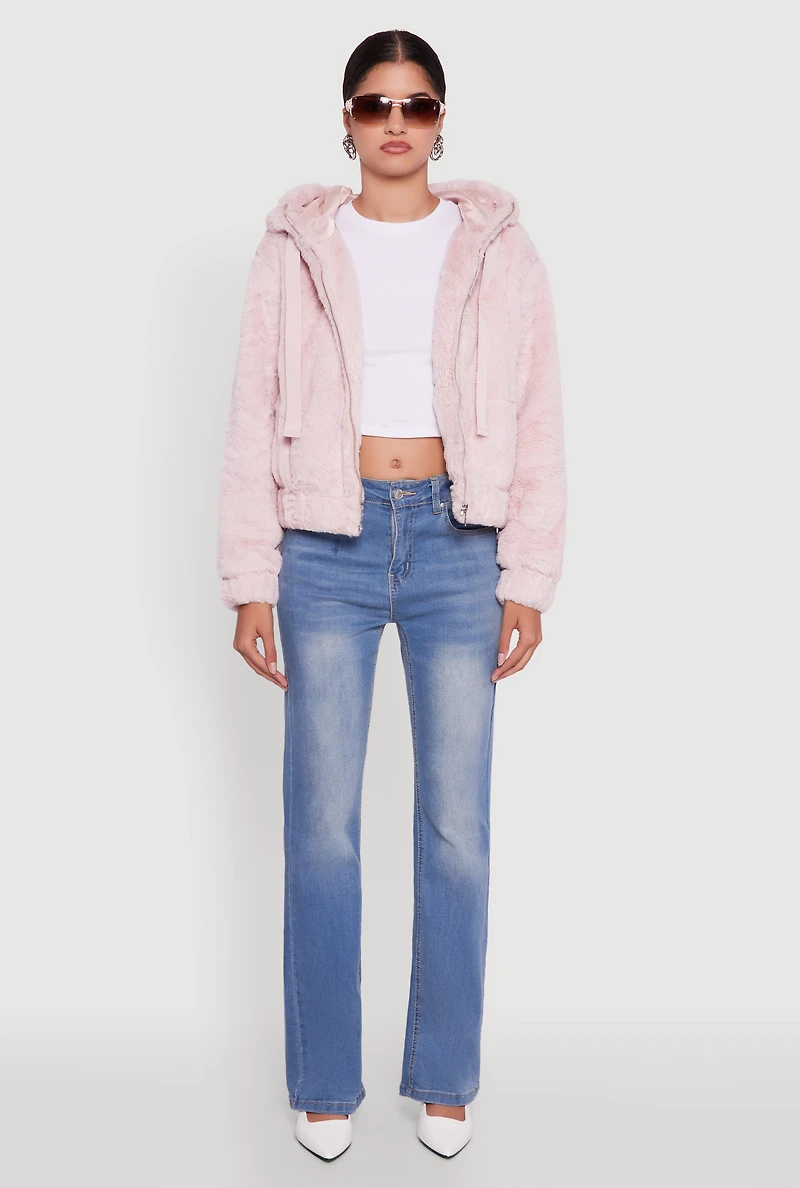Womens Hooded Faux Fur Bomber Jacket, Pink, Size L