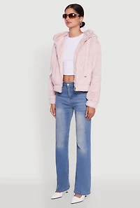 Womens Hooded Faux Fur Bomber Jacket, Pink, Size L