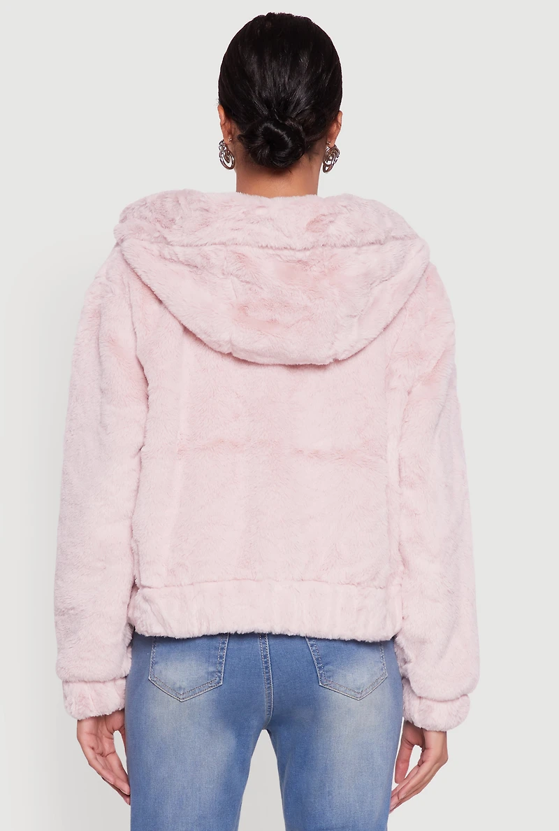 Womens Hooded Faux Fur Bomber Jacket, Pink, Size L