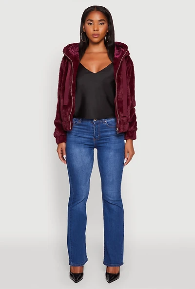 Womens Hooded Faux Fur Bomber Jacket, Burgundy, Size L