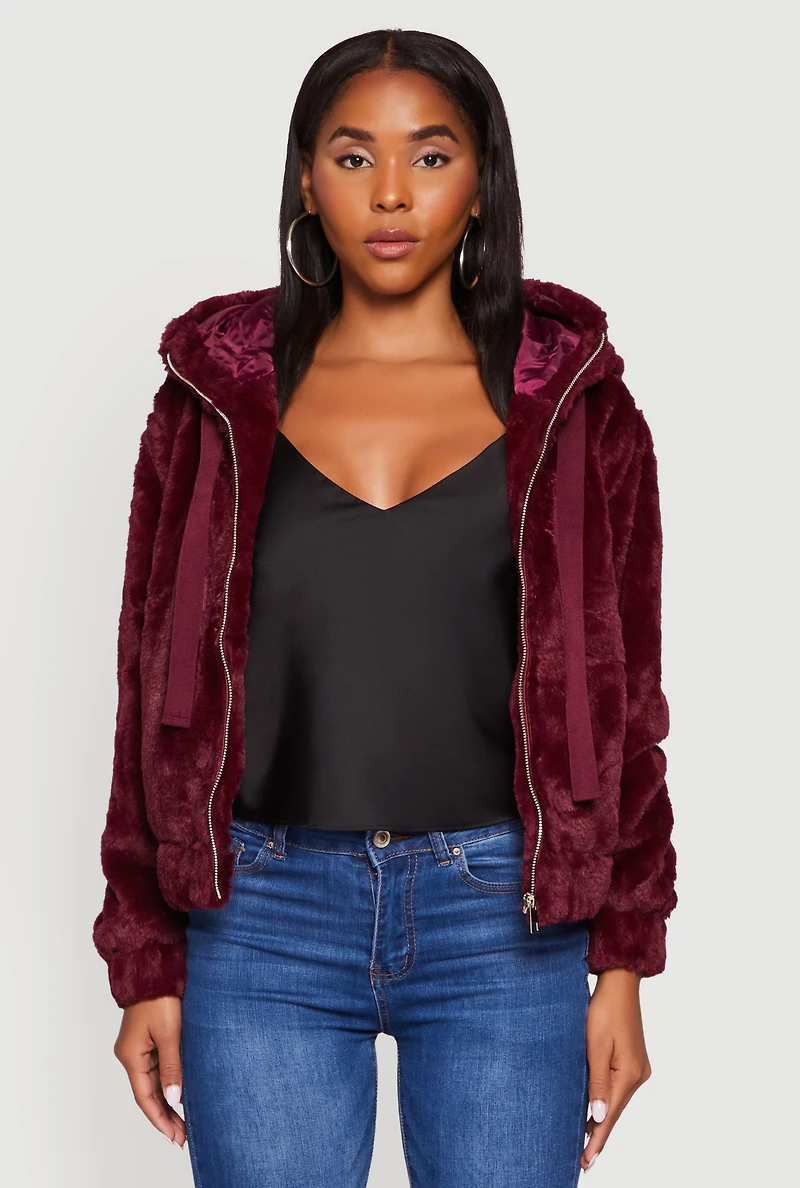 Womens Hooded Faux Fur Bomber Jacket, Burgundy, Size L