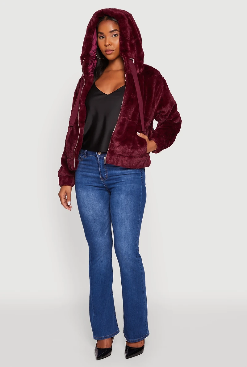 Womens Hooded Faux Fur Bomber Jacket, Burgundy, Size L