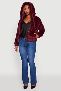 Womens Hooded Faux Fur Bomber Jacket, Burgundy, Size L