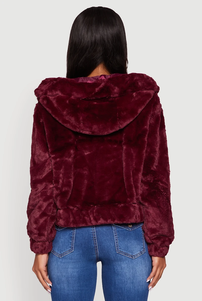 Womens Hooded Faux Fur Bomber Jacket, Burgundy, Size L