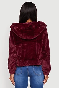 Womens Hooded Faux Fur Bomber Jacket, Burgundy, Size L