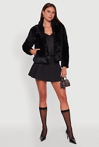 Womens Mock Neck Zip Front Faux Fur Jacket, Black, Size S