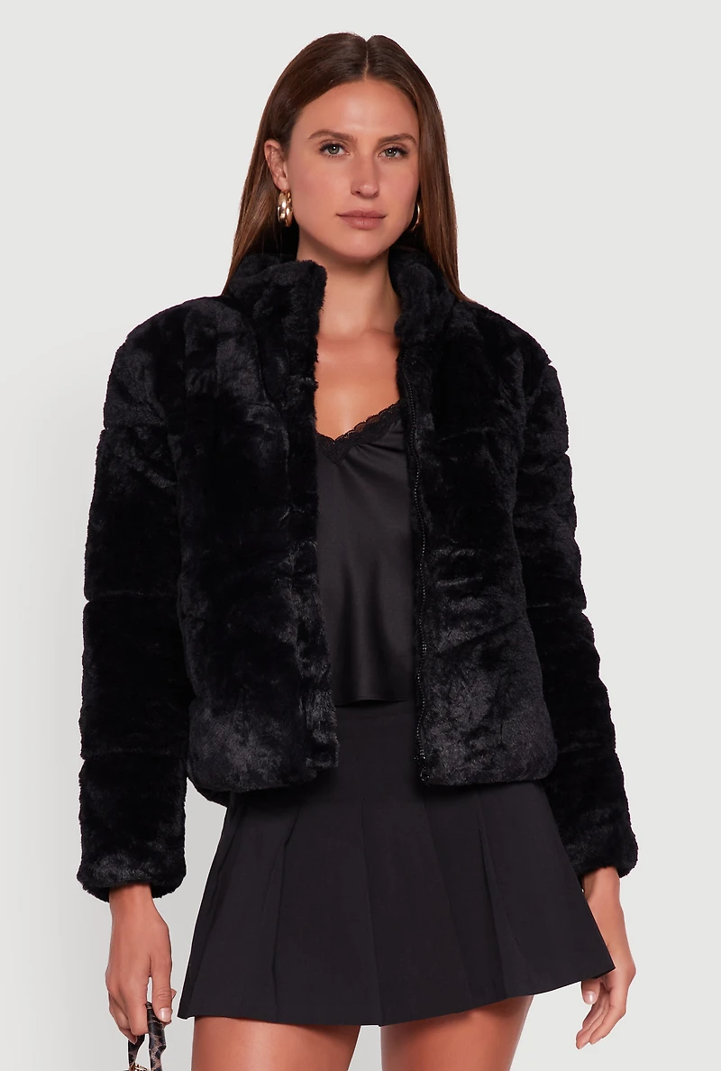 Womens Mock Neck Zip Front Faux Fur Jacket,