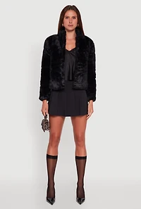 Womens Mock Neck Zip Front Faux Fur Jacket, Black, Size S