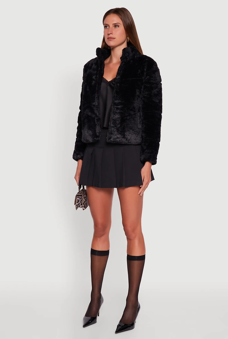 Womens Mock Neck Zip Front Faux Fur Jacket, Black, Size S