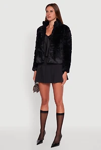 Womens Mock Neck Zip Front Faux Fur Jacket, Black, Size S
