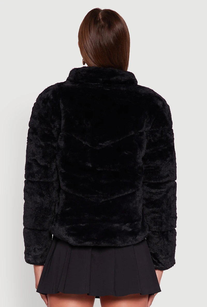 Womens Mock Neck Zip Front Faux Fur Jacket, Black, Size S